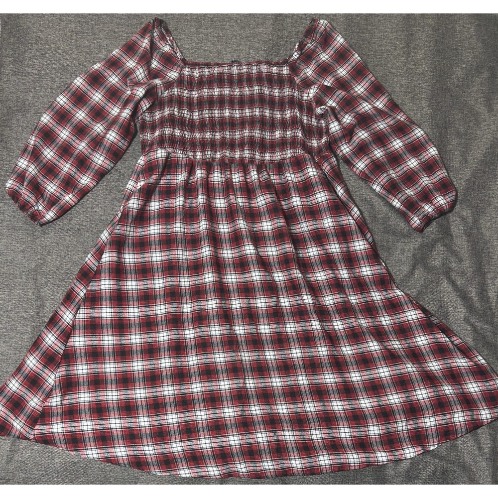 Bloomchic Womens 26 Dress Red Black Plaid Smocked Square Neck Long Sleeve